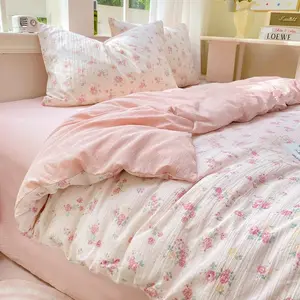 Cherry Blossom Rose Print Bedding Set, French Court Romantic Quilt Cover Four Piece Set, Vintage Garden Style, Floral, 100% Polyester, Comfortable, Bedroom Elegance
