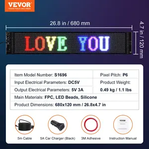 VEVOR Programmable LED Sign, P6 Full Color LED Scrolling Panel, DIY Custom Text Animation Pattern Display Board, Bluetooth APP Control Message Shop Sign for Store Business Car Advertising, 27x5