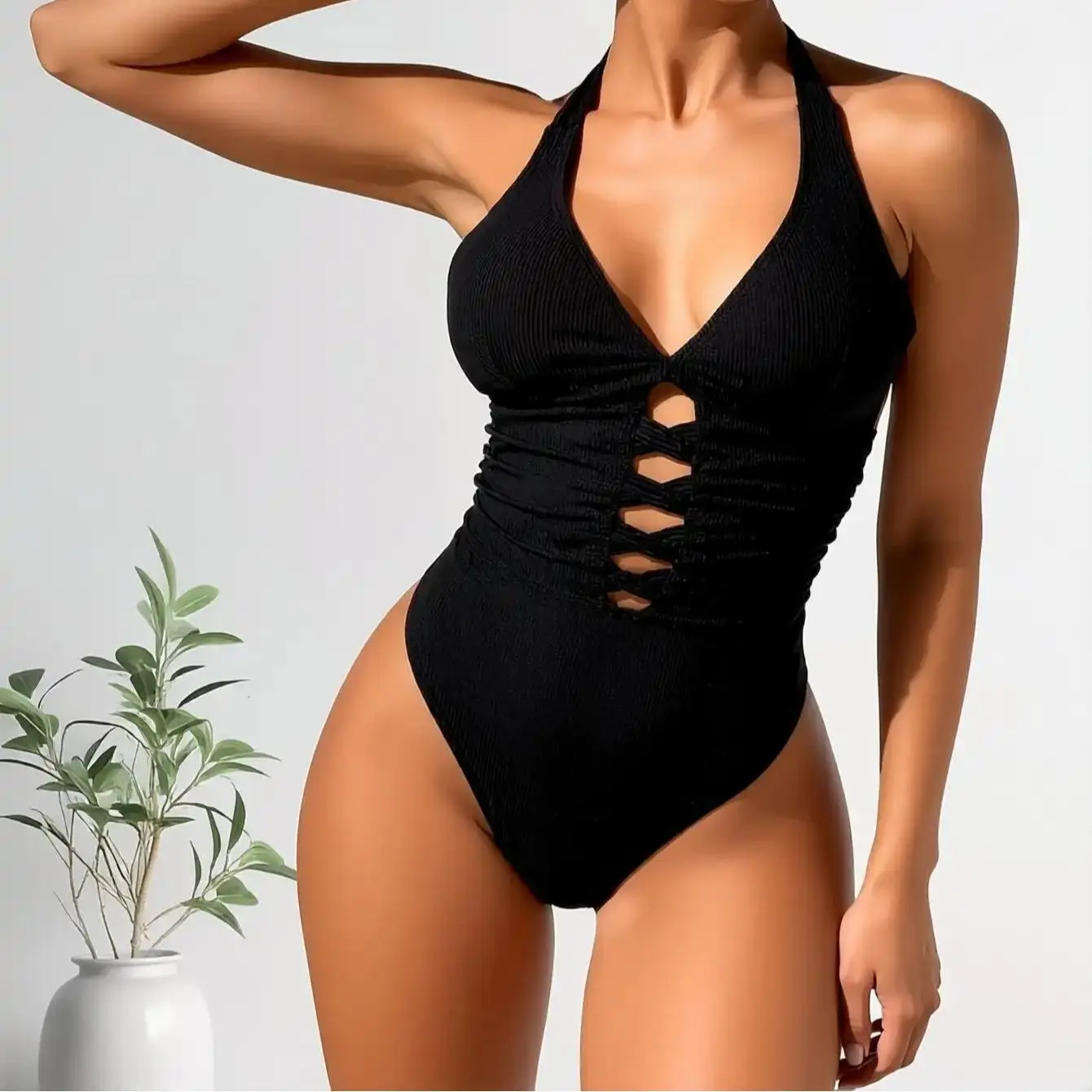 Women's Solid Black Ribbed Halter One Piece Swimsuit, Deep V Neck Front Crisscross Cutout Ruched High Cut Cheeky Tummy Control Bathing Suit for Beach Pool Vacation