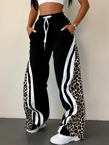 Plus Size Leopard Print Patchwork Women's Sweatpants Drawstring Waist Athleisure Sport Pants, Comfortable and Stylish Casual Wear for All Seasons