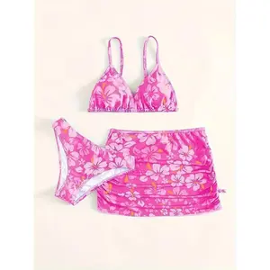 Sweet Flora Graphic 3pcs Bikini Swimwear Set Girls Casual Cute Bathing Suit Summer Hawaii Beachwear Swimming