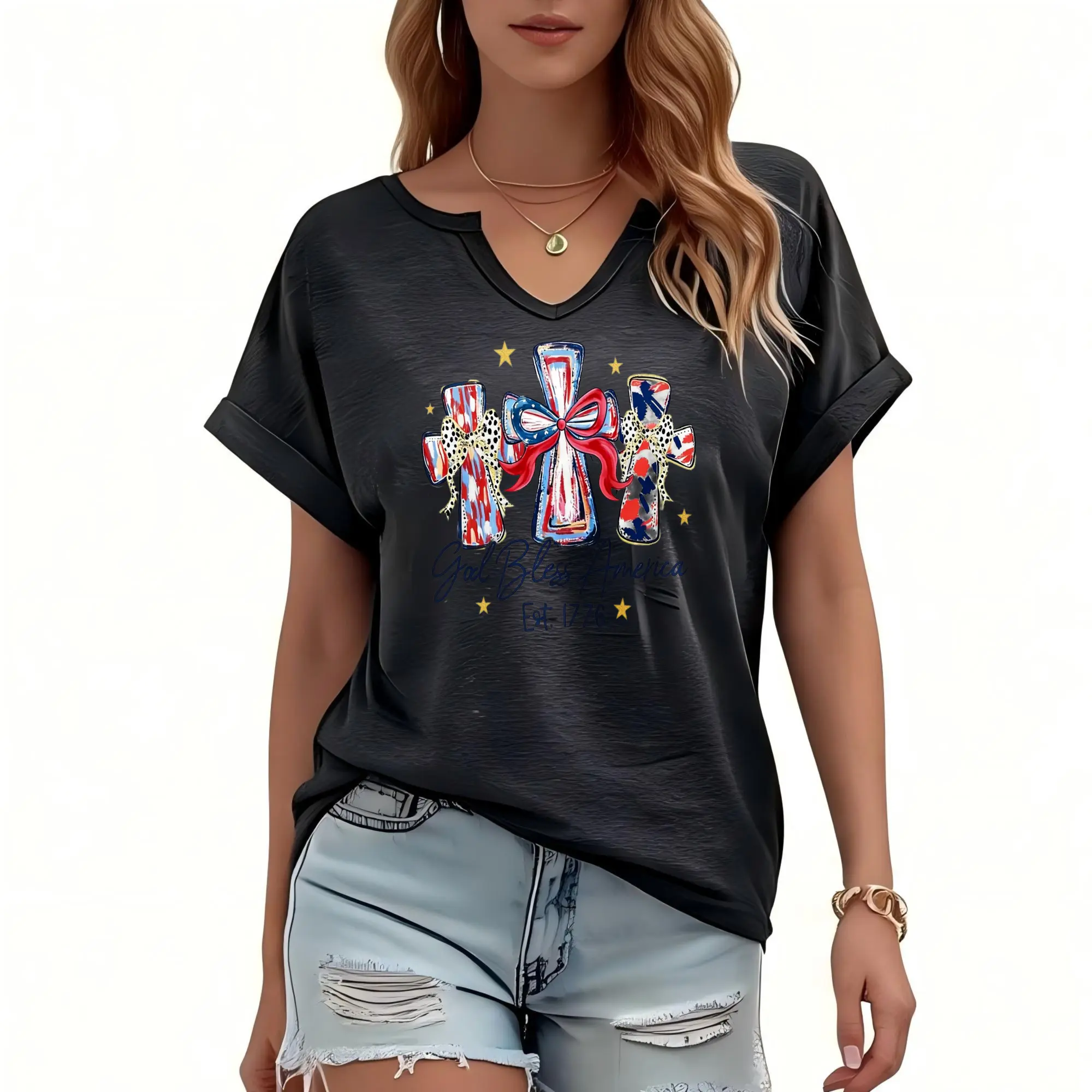 Women's American Flag Printed T-shirt, Oversized Batwing Sleeve Top with a Notch V-Neck, Loose Fit for Summer Ballet and Linen Outfits