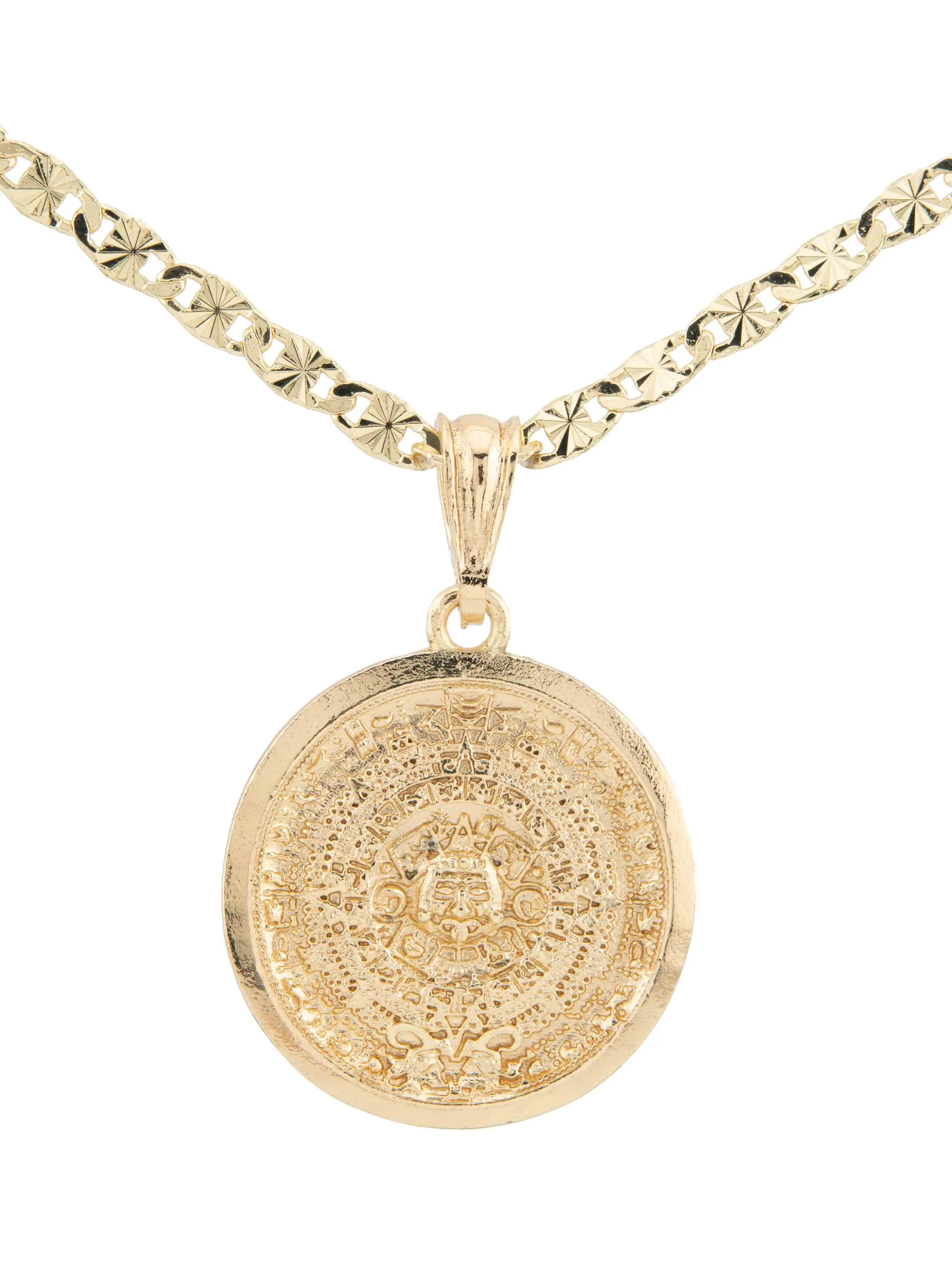 Gold Plated Necklace with Aztec Calendar Pendant, Fashionable Link Chain, Elegant Decorative Accessory, 18 or 24 Inch, Accessories, Decorative Chain Necklaces, Chain Pendant Design Necklaces