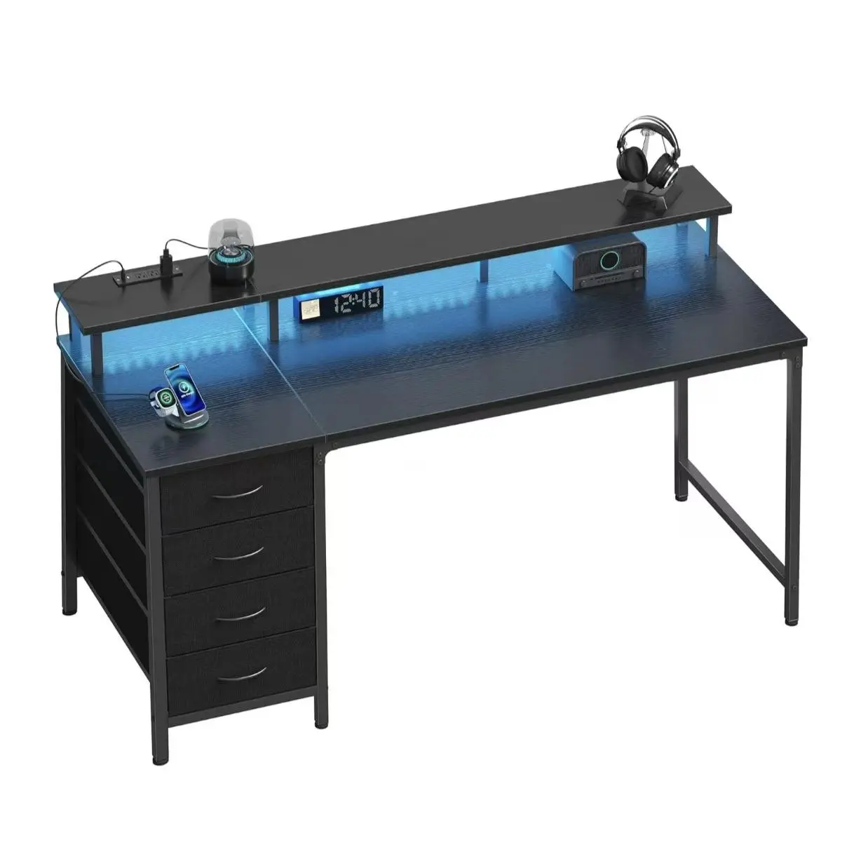 40 Inch Computer Desk with 4 Drawers, Gaming Desk with Power Outlets and RGB LED Lights, Office Desk with Monitor Shelf and USB Type-C Port, Reversible Storage Desk for Home Office Bedroom