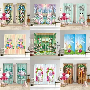 2pcs digital printed Easter curtain collection, Home decoration curtain, incorporating spring Easter eggs and cute bunnies into the window made of polyester material, Translucent privacy protection, fade resistant, hand washable