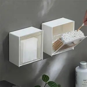 1pc non perforated adhesive wall mounted storage box Flip Top Storage (with flip cover) - bathroom shelf, Cosmetic organizer, suitable for cotton swabs, cosmetic pads, a space saving wall mounted cabinet container, quick to install, Plastic Storage Boxes