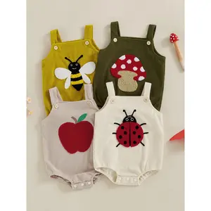 Baby Toddler Boy Girl Romper 3 6 12 18 Months Sleeveless Embroidery Ladybug Bee Fruit Mushroom Bodysuit Overalls