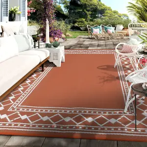 Terracotta Orange Outdoor Rug 9x12 Diamond Border Area Rugs for Indoor and Outdoor Patios and Porches - Waterproof, Washable, Non-Shedding, Easy-to-Clean Outside Carpet