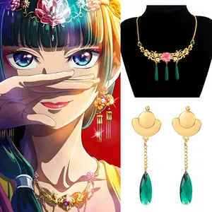 Anime The Apothecary Diaries Emerald Gemstone Necklace Pendant Earrings Maomao Golden Ear Cosplay Gift Women Jewelry Accessories