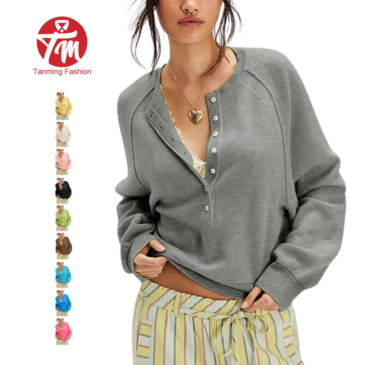 Tanming Women's Fitted Minimalist Basic Long-Sleeve Henley Neck Half-Button Pullover, Lightweight Solid Knit Casual Cute Tops for Work, Travel,summerwins,back to school,back to school shopping