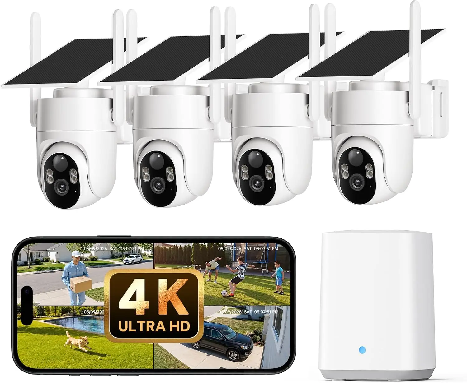 4K Security Cameras Wireless Outdoor, No Subscription, Solar Camera for Home Security System, Encrypted Local Storage, 360° PTZ with Auto Tracking, Color Night Vision, 4-Cam Kit