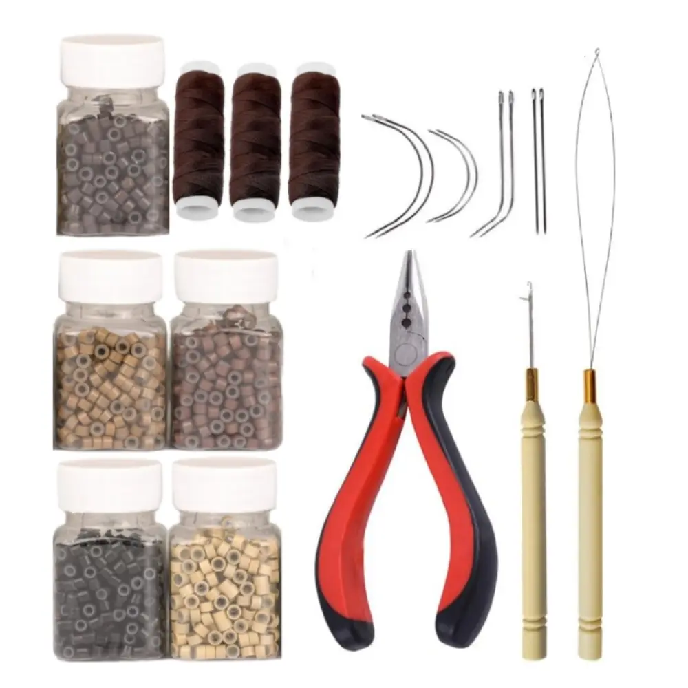 Hair Extensions Beads & Tool Kit – 2500 Pcs Silicone Lined Micro Links Ringswith 3‑Hole Pliers, Sewing Thread, Loop Threader, Pulling Hook, 8 Sewing Needles (Dark Brown) – for I‑Tip, Weft, Tinsel & DIY
