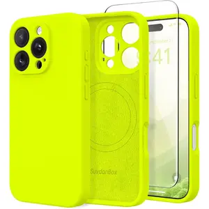 Magnetic for Iphone 16 Pro Max Case, Compatible with Magsafe, [Full Camera Protection][Screen Protector] Silicone Shockproof Protective Phone Case for Iphone 16 Pro Max, Fluorescent Green SuydanBox