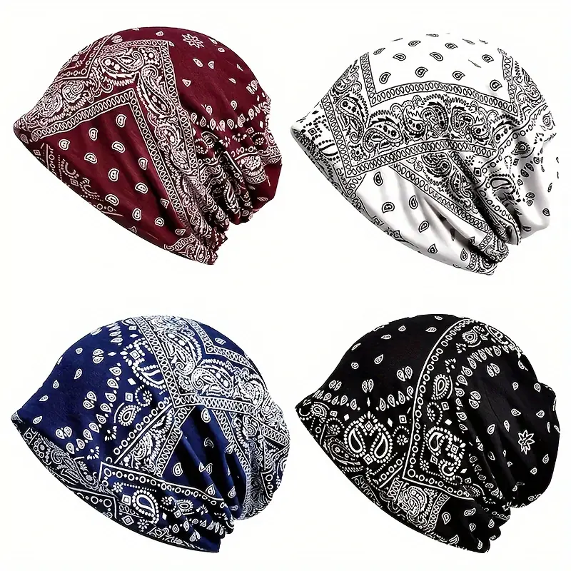 4-piece set, printed women's brimless hat, hip-hop style lazy loose hat, lightweight elastic headscarf, retro outdoor sports women's headscarf