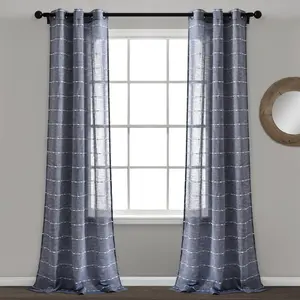 Set of 2 (84"x38") Farmhouse Texture Grommet Sheer Window Curtain Panels Navy - Lush Décor