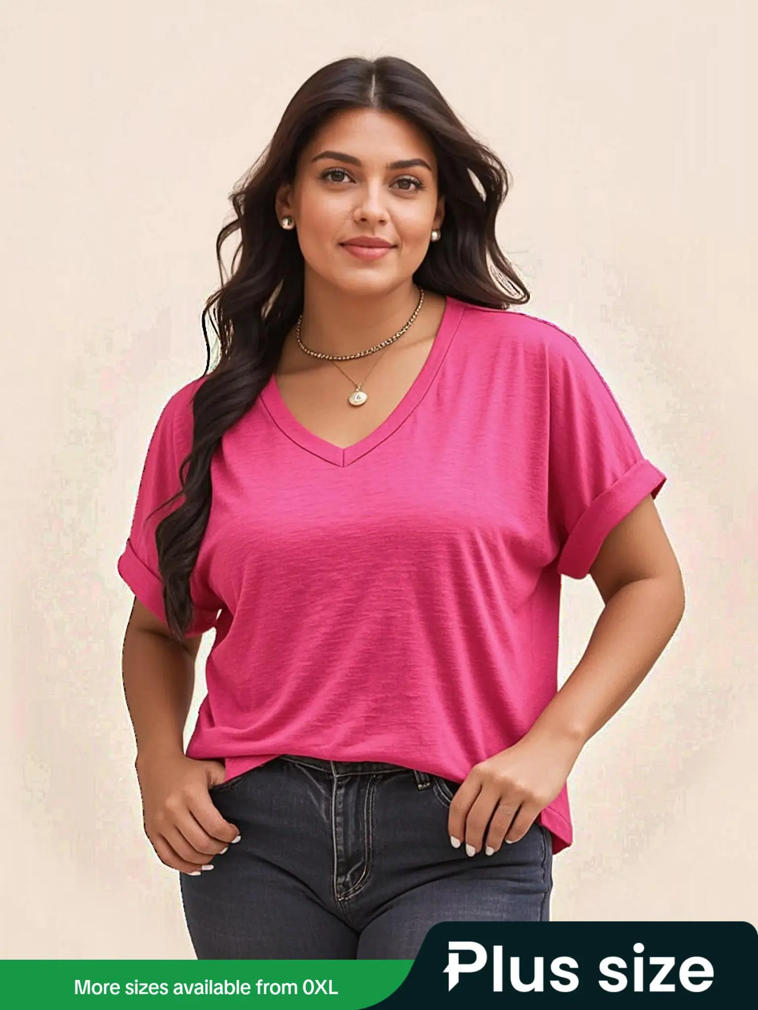 Plus Size Plain V Neck Batwing Sleeve Tee, Casual Everyday Short Sleeve ...