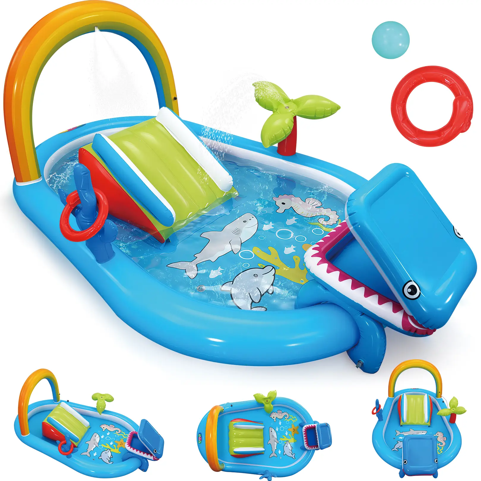 AKEYDIY Toddler Inflatable Splash Pool, 8.2×5.4×3.3FT Thick Heavy-Duty Waterproof PVC, Cute Ocean Animal Design with Rainbow, Coconut Tree & Coral, Built-in Ring Toss Game & Mini Slide, Indoor Outdoor Backyard Summer Water Activities, mothersdaygift