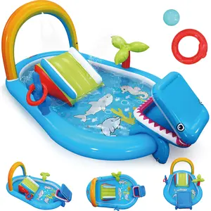 AKEYDIY Kids Inflatable Pool, Heavy-Duty PVC, Ocean Animal Design with Rainbow, Coconut Tree and Coral, Built-in Ring Toss & Mini Slide, Indoor/Outdoor, Perfect for Toddlers' Summer Water Fun