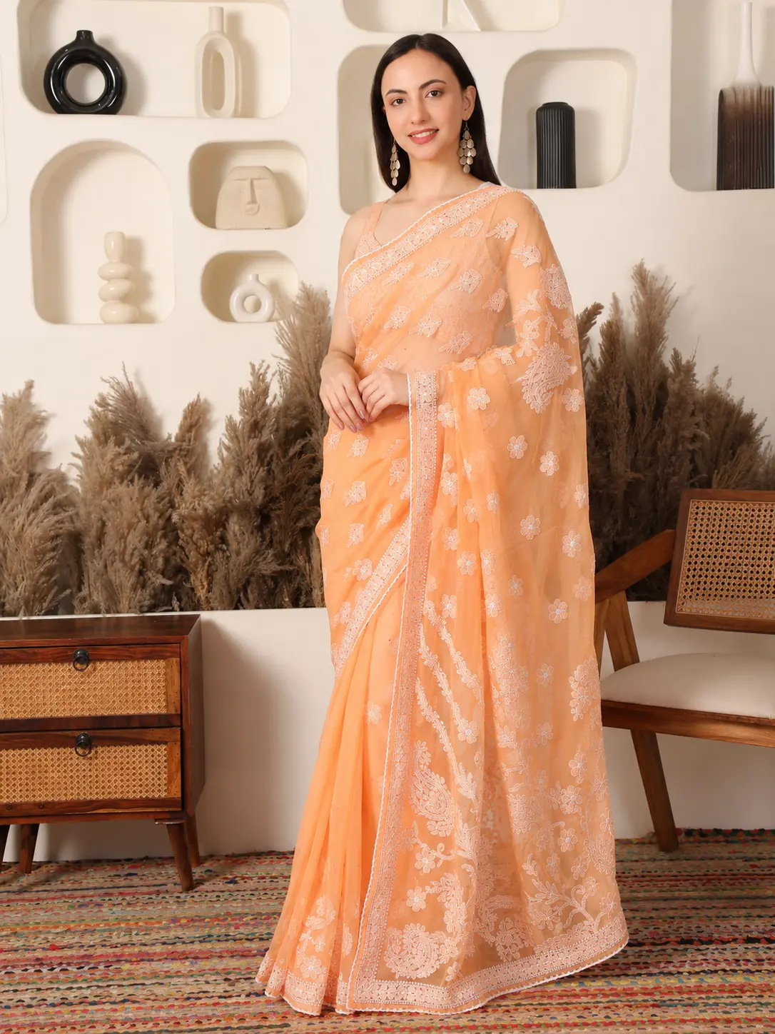 Misri Georgette Apricot Saree with Mukaish