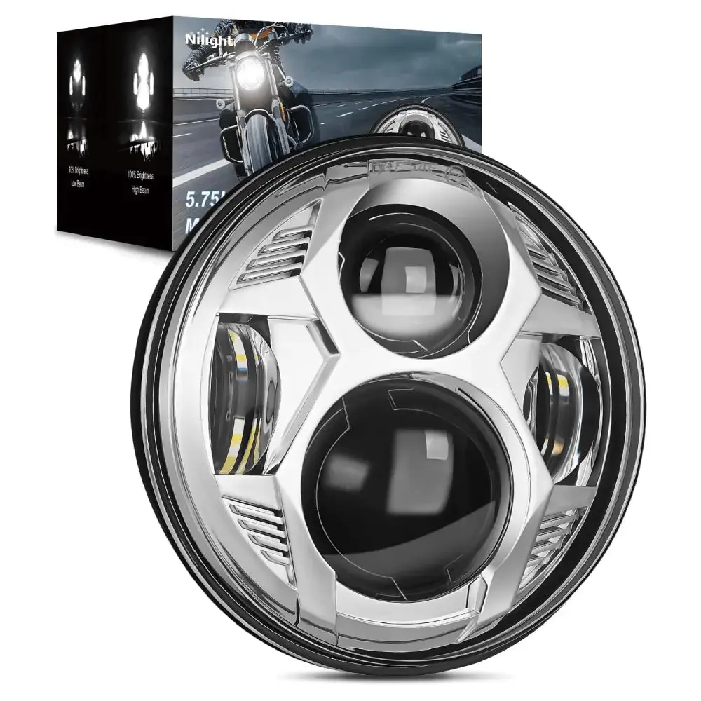 Nilight Chrome LED Motorcycle Headlights - 5.75in LED Lights, 2000lm, DOT-Approved, Water Resistant, Anti-Flicker, Aluminium Alloy, Direct Fit 3-Prong Plugs, Easy Install with Installation Instruction for Low Rider, Sportster Models