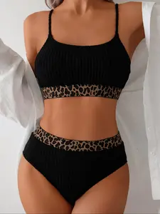 Women's Leopard Print Bikini Set, Casual Comfortable Swim Top & Swim Bottom Swimsuit for Beach Holiday Vacation, Ladies Swimwear for Summer, Tankini Swimsuits Women, Tankini Tops, Swimming Suit, Tankini Outfit