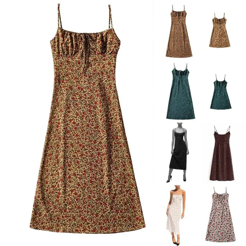 Mundoven Women's Floral Dress Low-Cut Square Neck Spaghetti Strap Tie Bodycorn 90s Y2k Sun Dresses Springfresh Casual Wear Women's Slip Summer Dress with Adjustable Straps & Elastic Neckline