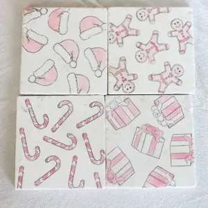 Pink Christmas Marble Coaster Set of 4- Pink Santa Hat, Pink Candy Cane, Pink presents , Pink gingerbread men, pink Christmas decor