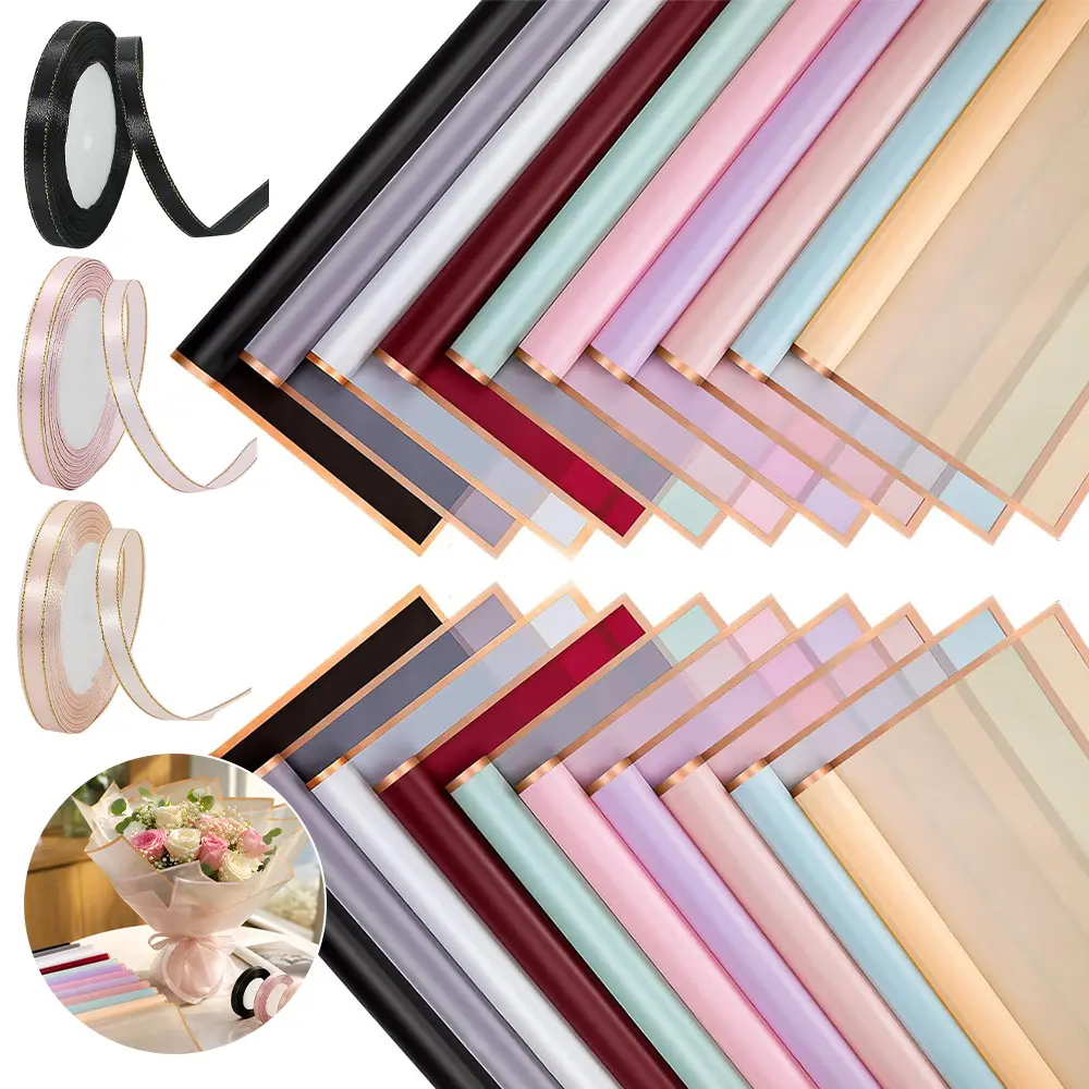 100 Sheets Flower Wrapping Paper and Ribbon Set with 3 Ribbons for Flower Gift DIY, Florist Supplies Ideal Decoration for Household, Party and Handmade Crafts