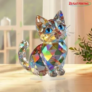 2D Flat Crystal Cat Design Acrylic Ornament, Creative Desktop Decoration, Unbreakable Base Decorative Ornament for Home Office, Gift for Cat Lovers