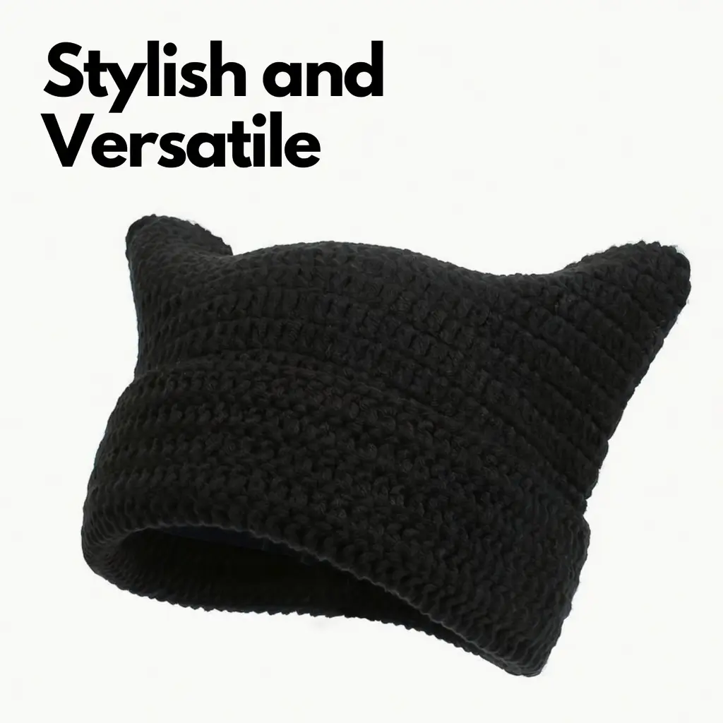 Cat-Ear Striped Beanie, Cozy Wool Knit Winter Hat for Women, Korean-Style Punk Gothic Streetwear Accessory, Cozy Beanie, Fashion Beanie