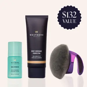 Westmore Beauty Body Essentials Trio | Body Coverage Perfector 3.5oz + X-Large Buffer Brush + FREE Travel Size Makeup Melter Hydrating Cleansing Oil Mist