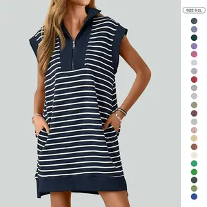 Women's Casual Striped Mini Dress Cap Sleeve Collared V Neck Loose Knit Zipper Summer Dress