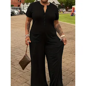 Fashion casual solid color patchwork V-neck plus size romper