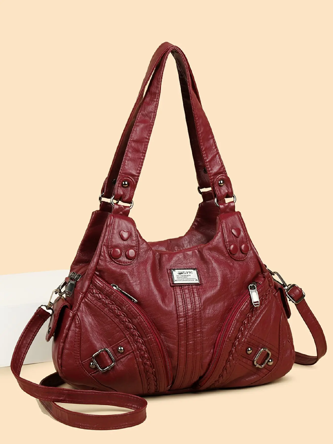 Trendy Heart Rivet Crossbody Bag, Large Capacity PU Leather Shoulder Bag, Bohemian Crossbody Bag, Boho Style, Multi-Pocket Design, Durable and Stain-Resistant, Travel & Casual, Hobo Crossbody Bag, Chic Crossbody Bag, Fashion Bag, Fashionable Bohemian Bag