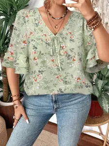 Plus Size Women's Floral Plant Bell Sleeve Blouse, Loose Fit V Neck Tie Shirt, Casual Summer, Beach Vacation, Daily Wear, Date Night, Top