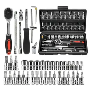 46PCS 1/4 Inches Ratchet Socket Wrench Set, Metric Socket Ratchet Wrenches Set, Ratcheting Wrench Tool Sets for Men, Premium Small Car Tool Kit for Automotive, Household Maintenance and Repairs
