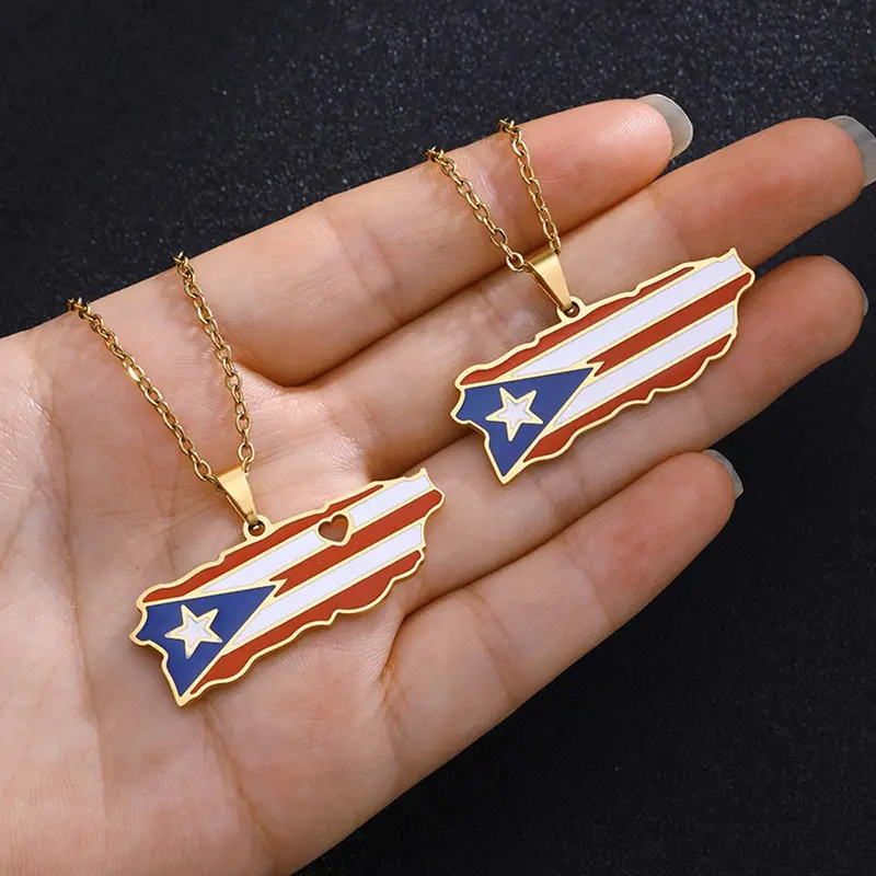 Unisex Hypoallergenic Stainless Steel Puerto Rico Heart & Map Pendant Necklace - Casual Style Chains, Daily Wear Jewelry for Women, Adults, Birthday Gift for Puerto Rico Lovers