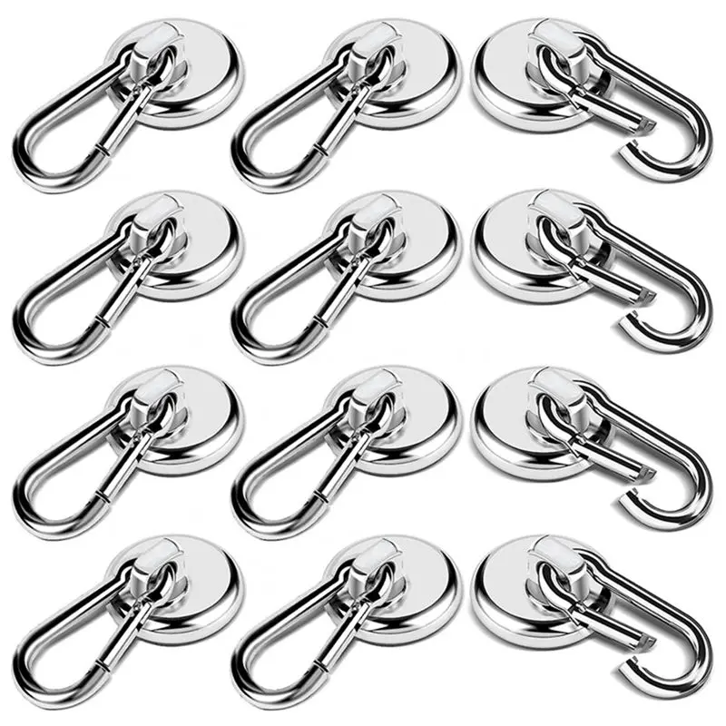 12 Pack Strong Magnetic Hooks, 60LBS Heavy Duty Magnet Hooks Strong Neodymium Magnets with Carabiner Hook