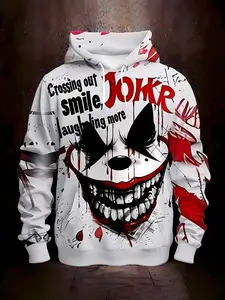 Men's Casual Sports Fitness Outdoor Home Hooded Sweater, Casual Comfy Streetwear, Graphic Print Hoodie, Clown Pattern 3D Printing, Gothic Style Hoodie, Elastic, With Drawstring Pocket, Knitted Fabric, Spring Autumn Winter