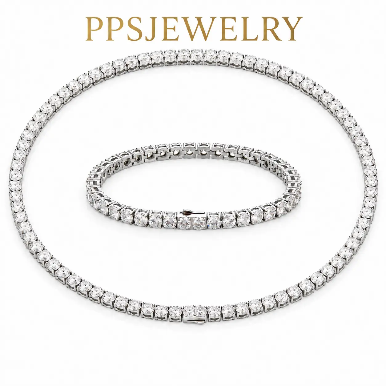 Moissanite Tennis Necklace and Bracelet Set, 3mm/5mm Silver-Tone Matching Jewelry Set, 20/24 Inch Necklace with 8 Inch Bracelet, Unisex