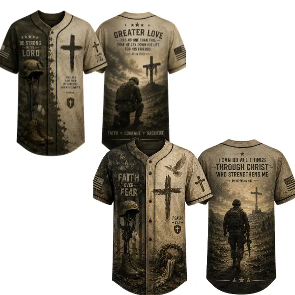 Christian Faith Baseball Jersey, Jesus Cross Veteran Military Shirt, Faith Over Fear, Greater Love Bible Verse, Patriotic Christian Apparel, American Flag Jersey, Army Memorial Gift, Jesus Graphic Button Up, Men's Women's Unisex