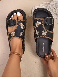 Women's Water Drill Bee Flower Thick Sole Sandals, Lightweight Strappy Sandals, Adjustable Slide Sandals, Square Toe Slip-On Summer Casual Shoes, Comfortable Outdoor Footwear, Square Toe Slide