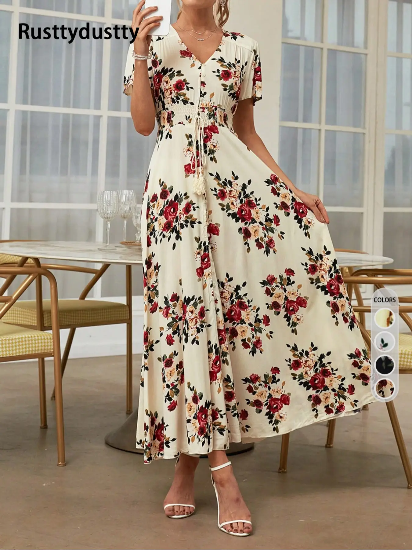 Women's Floral Print Button Front Dress, Boho Frenchy Style Short Sleeve Dresses, Summer Outfits 2024, Women's Clothes for Summer Beach Vacation Holid