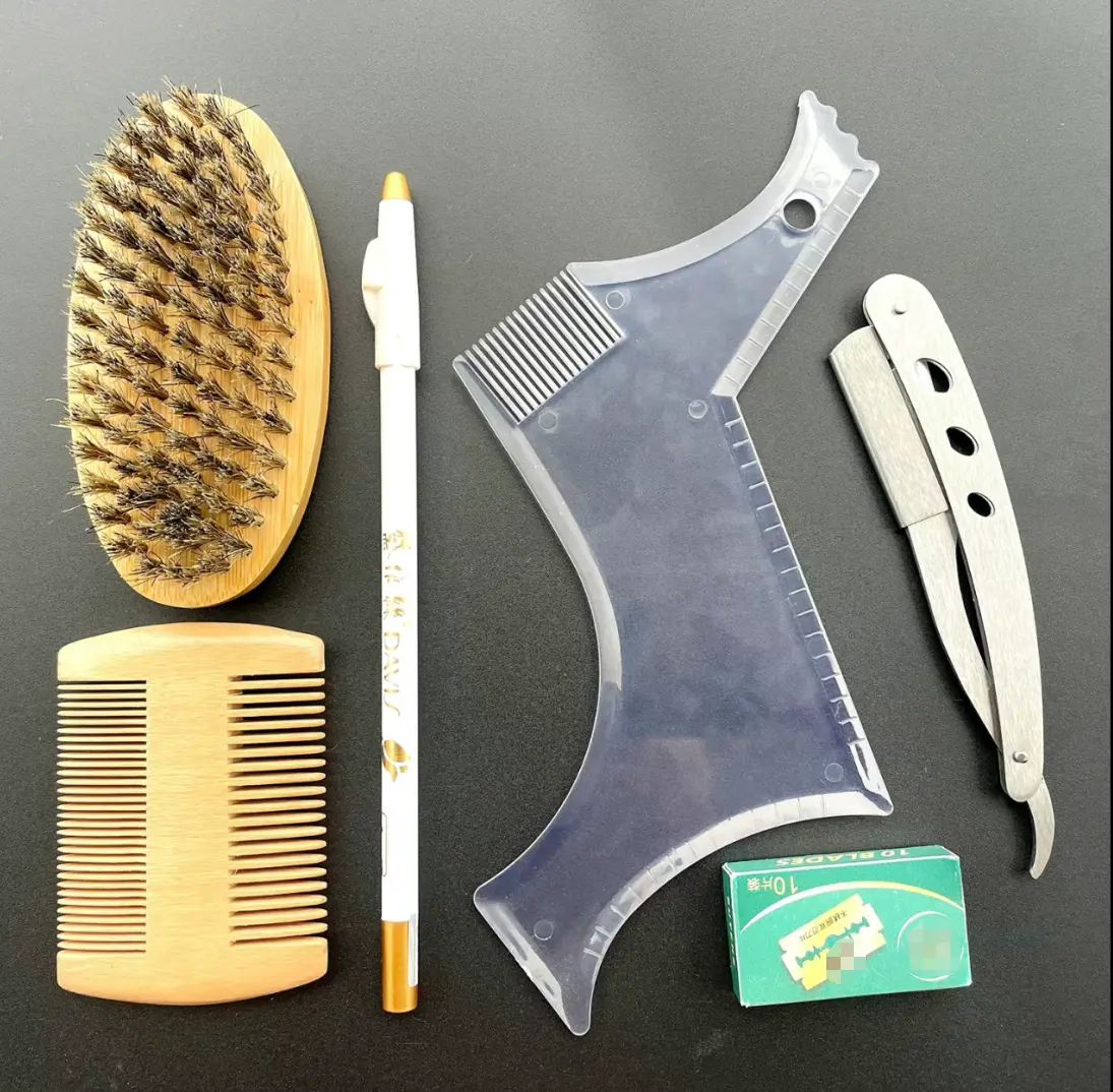 Wango Men’s 6-in-1 Durable Professional Stainless Steel Barber Kit – Hair Care & Beard Brush, Straight Razor, Barber Pencil, Comb, Scissors – Daily DIY Edge Control Tool for Adults, Ideal Gift