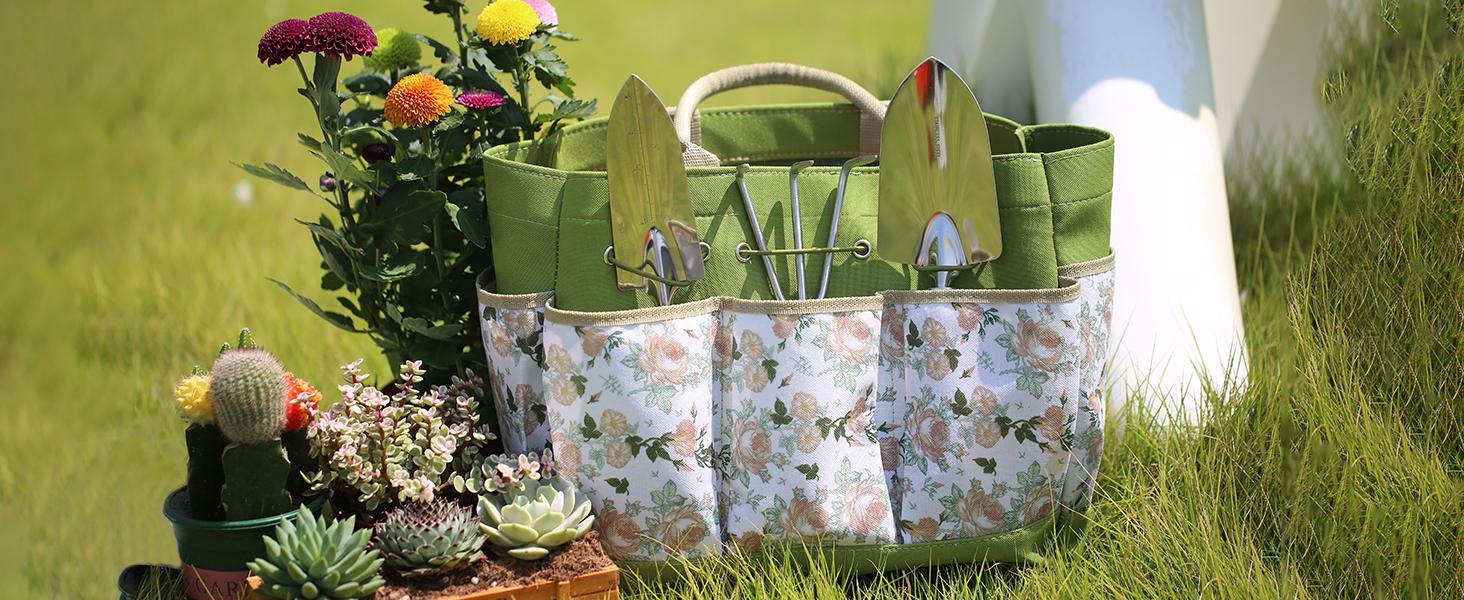 Gardening Tools 9-Piece Heavy Duty Garden Hand Tools with Fashion and Durable Garden Tools Organizer Handbag, Rust-Proof Garden Tool Set, Ideal Gardening Gifts for Women