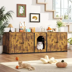 【1/2 packages arrived at different times】 YODOLLA Cat Litter Box Enclosure for 2 Cats, Litter Box Furniture Hidden with Double Room and Large Storage Space, Wooden TV Stand Side Table Wooden Washroom Furniture, Cat House, Brown