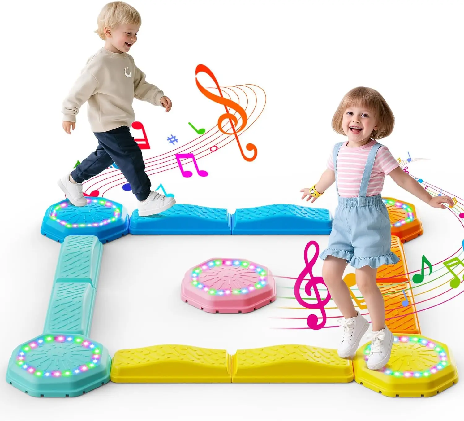 Non-Slip 13-Piece Music & Light-Up Balance Beam Stepping Stones, Non-Slip Plastic Stackable Sensory Toys for Indoor/Outdoor Play,summervibes, backyard fun, balance challenge