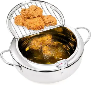 Stainless Steel Deep Fryer Pot, Frying Chicken Pot, Tempura deep Fryer with a Thermometer and a lid, Japanese Style Tempura Fryer Pan, 2.2L