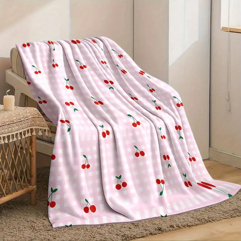 Pink Gingham Cherry Print Flannel Throw Blanket - Casual Soft All Season Home Textile, Warm Fuzzy Plush, Pink Pastel Kawaii Aesthetic, Durable, Blanket for Couch, Cute Gift for Girls, Bedroom Decor, All Season Blanket