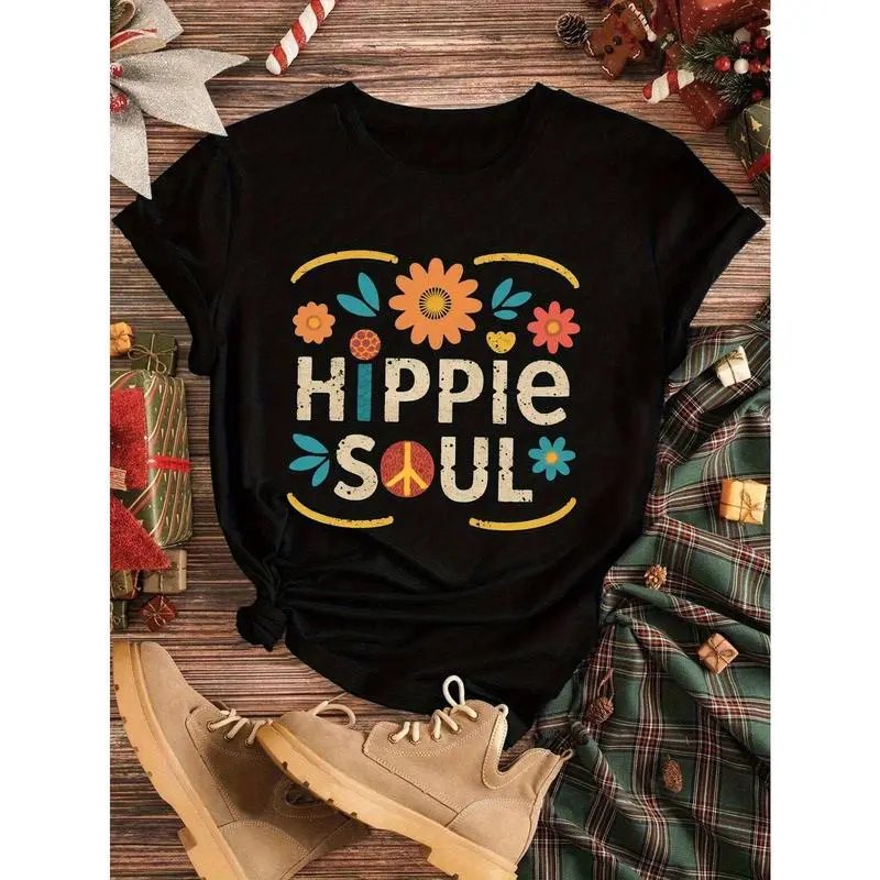 Women's Hippie Soul T-Shirt, Casual Cotton Shortsleeve Tee with Smooth Fabric and Floral Peace Sign Graphics